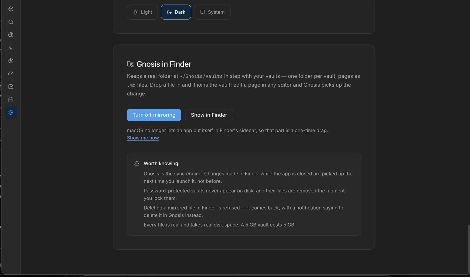Gnosis settings showing the Finder mirror: vaults kept in step with a real folder on the Mac, pages as markdown files, with locked vaults never written to disk.