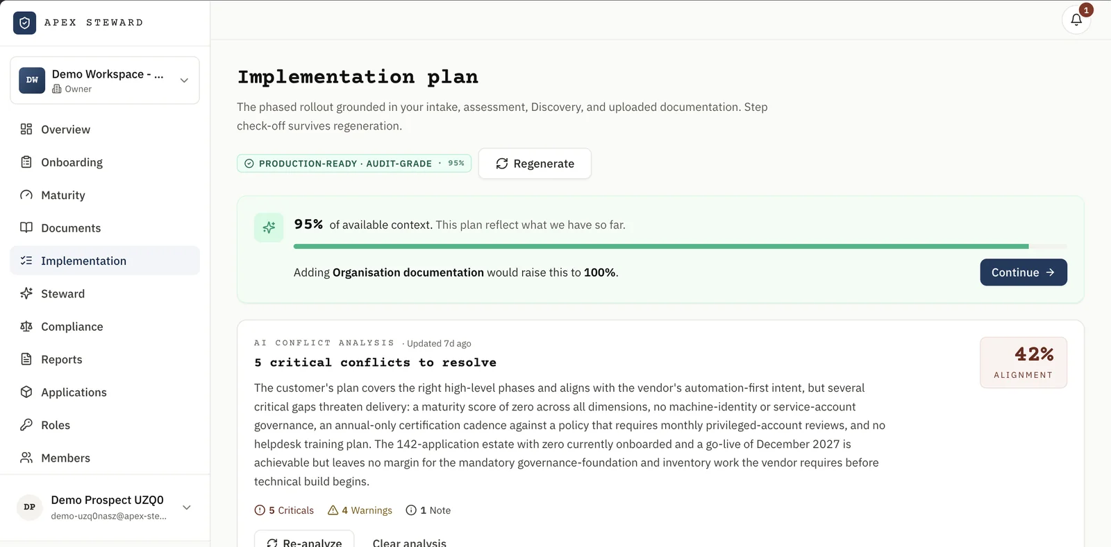 Apex Steward implementation plan page showing a 95% context confidence banner and an AI conflict analysis summary with five critical conflicts, four warnings, and one note.